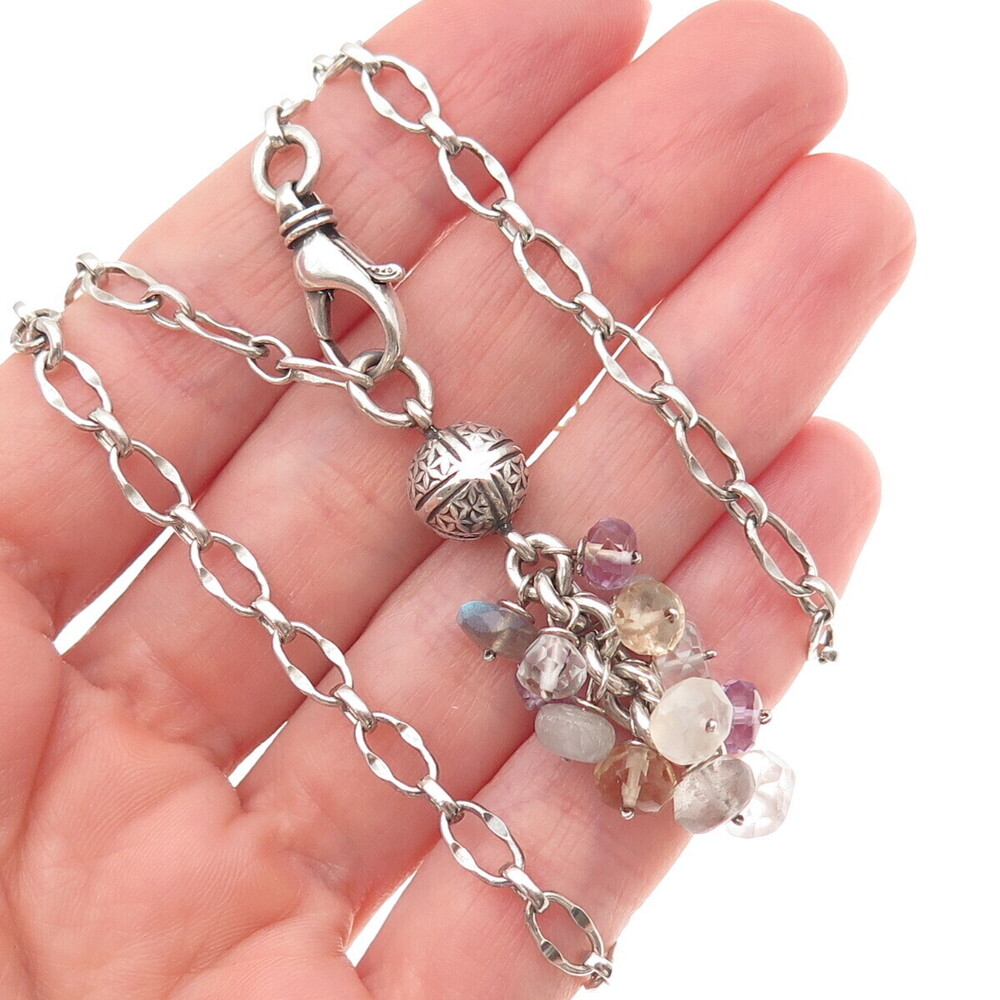 925 Sterling Vintage Real Labradorite Citrine Quartz Amethyst Chain Necklace 16"